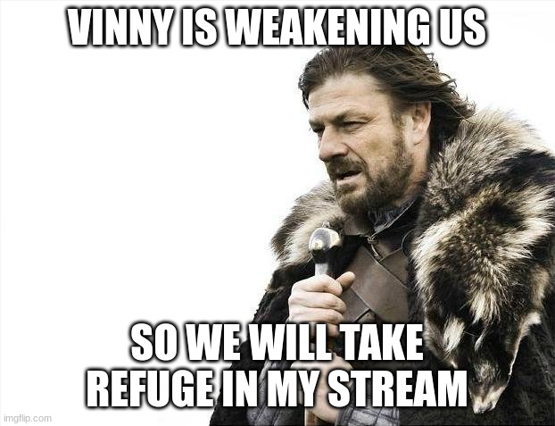 memechat for access | VINNY IS WEAKENING US; SO WE WILL TAKE REFUGE IN MY STREAM | image tagged in ghfxh,vcb,vfg,hvcb,vdg,fc | made w/ Imgflip meme maker