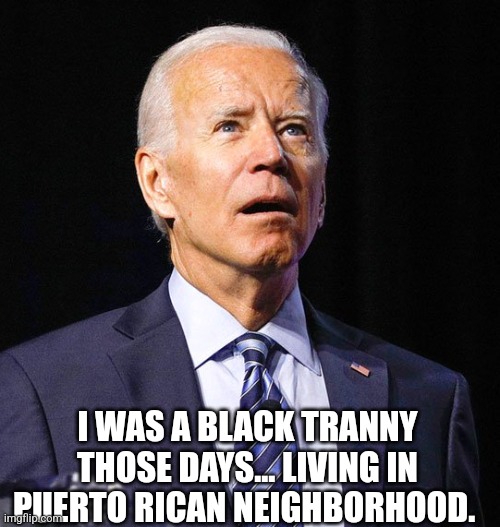 Joe Biden | I WAS A BLACK TRANNY THOSE DAYS... LIVING IN PUERTO RICAN NEIGHBORHOOD. | image tagged in joe biden | made w/ Imgflip meme maker