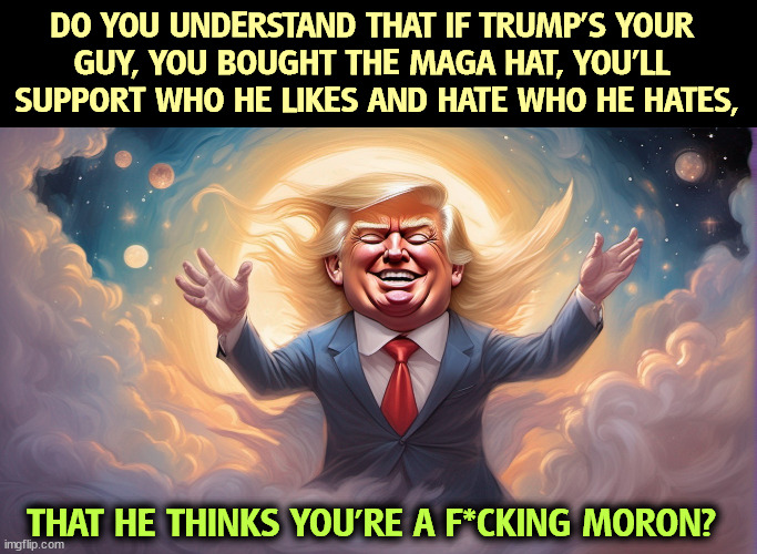You're a cow to be milked. | DO YOU UNDERSTAND THAT IF TRUMP'S YOUR 
GUY, YOU BOUGHT THE MAGA HAT, YOU'LL 
SUPPORT WHO HE LIKES AND HATE WHO HE HATES, THAT HE THINKS YOU'RE A F*CKING MORON? | image tagged in trump,convicted felon,con man,contempt,moron | made w/ Imgflip meme maker