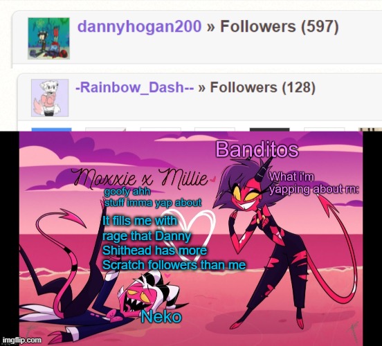 It fills me with rage that Danny Shithead has more Scratch followers than me | image tagged in neko and banditos shared temp | made w/ Imgflip meme maker