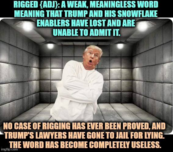 Convicted felon Trump the Snowflake | RIGGED {ADJ}: A WEAK, MEANINGLESS WORD 
MEANING THAT TRUMP AND HIS SNOWFLAKE 
ENABLERS HAVE LOST AND ARE 
UNABLE TO ADMIT IT. NO CASE OF RIGGING HAS EVER BEEN PROVED, AND 
TRUMP'S LAWYERS HAVE GONE TO JAIL FOR LYING. 
THE WORD HAS BECOME COMPLETELY USELESS. | image tagged in trump,rigged,meaningless,empty,nothing,snowflake | made w/ Imgflip meme maker