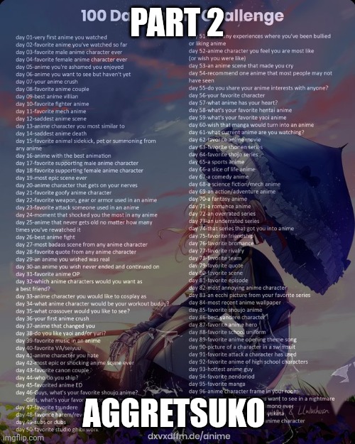 100 day anime challenge | PART 2; AGGRETSUKO | image tagged in 100 day anime challenge | made w/ Imgflip meme maker