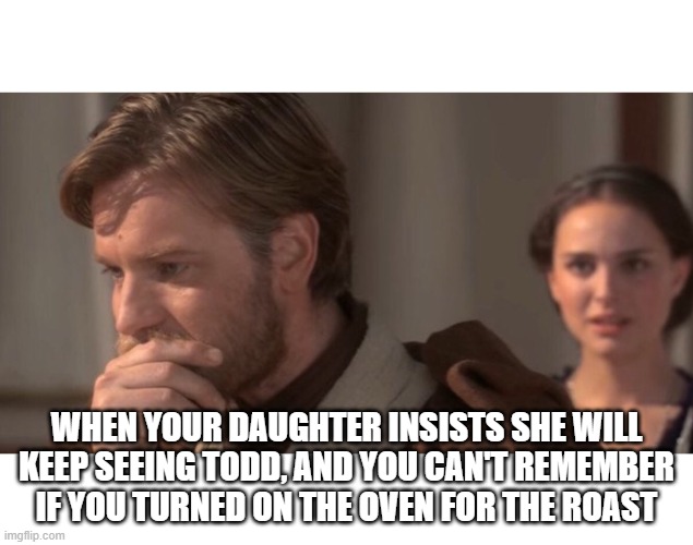 Never mind Todd, what about the roast | WHEN YOUR DAUGHTER INSISTS SHE WILL KEEP SEEING TODD, AND YOU CAN'T REMEMBER IF YOU TURNED ON THE OVEN FOR THE ROAST | image tagged in episode 3 revenge of the sith | made w/ Imgflip meme maker