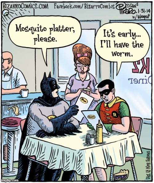 Does Batman and Robin Order at the Diner? | image tagged in vince vance,batman and robin,red robin,bats,worms,mosquitoes | made w/ Imgflip meme maker