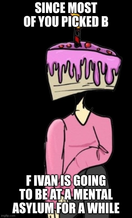 F Ivan transparent image | SINCE MOST OF YOU PICKED B; F IVAN IS GOING TO BE AT A MENTAL ASYLUM FOR A WHILE | image tagged in f ivan transparent image | made w/ Imgflip meme maker