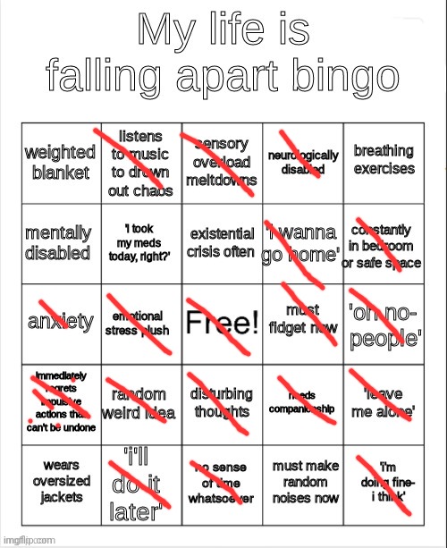 Too much red, not a joke. | image tagged in my life is falling apart bingo | made w/ Imgflip meme maker
