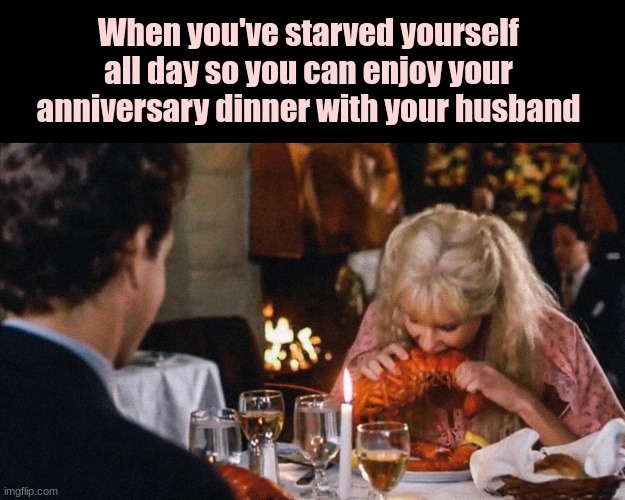 Madison Eats Lobster Splash | When you've starved yourself all day so you can enjoy your anniversary dinner with your husband | image tagged in madison eats lobster splash,anniversary memes,funny anniversary memes,mermaid memes,newlywed memes,etiquette memes | made w/ Imgflip meme maker