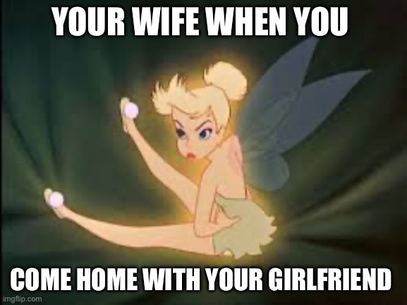 YOUR WIFE WHEN YOU; COME HOME WITH YOUR GIRLFRIEND | image tagged in peter pan,tinkerbell,girlfriend,husband,wife,relationships | made w/ Imgflip meme maker