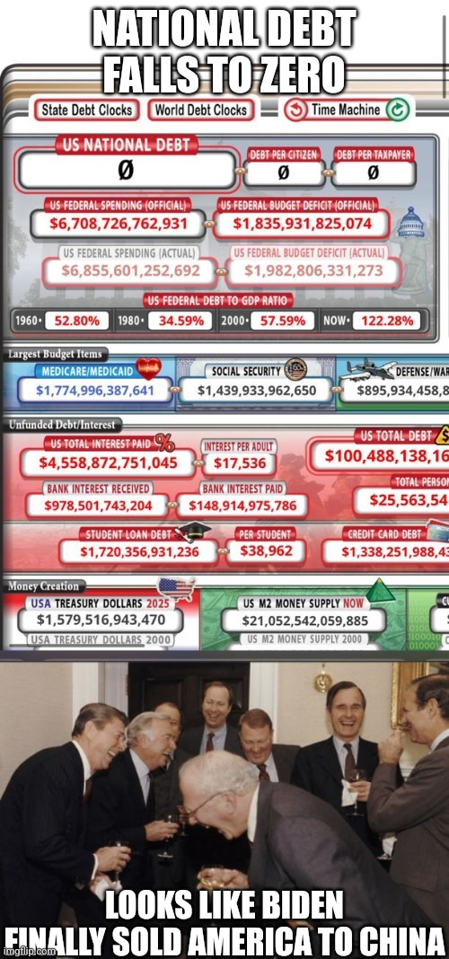 NATIONAL DEBT FALLS TO ZERO; LOOKS LIKE BIDEN FINALLY SOLD AMERICA TO CHINA | image tagged in memes,laughing men in suits,funny memes | made w/ Imgflip meme maker