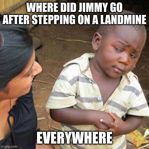 Third World Skeptical Kid | WHERE DID JIMMY GO AFTER STEPPING ON A LANDMINE; EVERYWHERE | image tagged in memes,third world skeptical kid | made w/ Imgflip meme maker