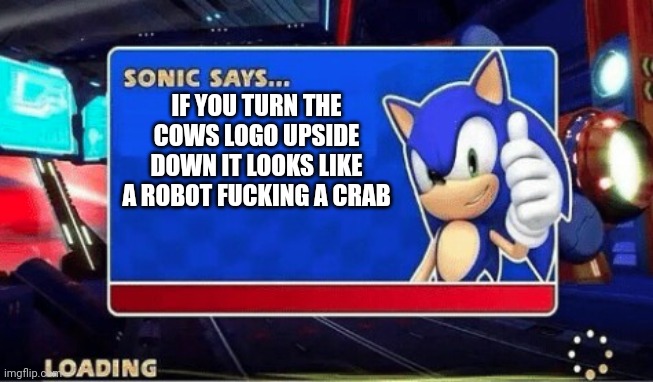 Sonic Says | IF YOU TURN THE COWS LOGO UPSIDE DOWN IT LOOKS LIKE A ROBOT FUCKING A CRAB | image tagged in sonic says | made w/ Imgflip meme maker