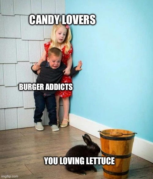 Lettuce lover | CANDY LOVERS; BURGER ADDICTS; YOU LOVING LETTUCE | image tagged in children scared of rabbit | made w/ Imgflip meme maker