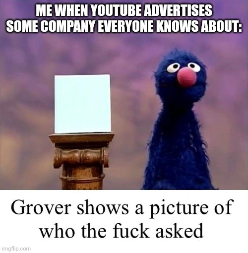 Grover: Who Asked | ME WHEN YOUTUBE ADVERTISES SOME COMPANY EVERYONE KNOWS ABOUT: | image tagged in grover who asked | made w/ Imgflip meme maker