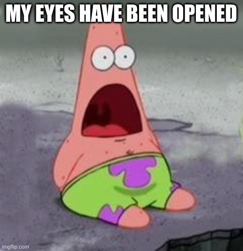 Suprised Patrick | MY EYES HAVE BEEN OPENED | image tagged in suprised patrick | made w/ Imgflip meme maker