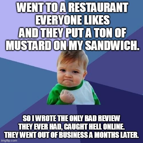 Went to a restaurant everyone likes and they put a ton of mustard on my sandwich. | WENT TO A RESTAURANT EVERYONE LIKES AND THEY PUT A TON OF MUSTARD ON MY SANDWICH. SO I WROTE THE ONLY BAD REVIEW THEY EVER HAD, CAUGHT HELL ONLINE. THEY WENT OUT OF BUSINESS A MONTHS LATER. | image tagged in memes,success kid,funny,sandwich,business | made w/ Imgflip meme maker