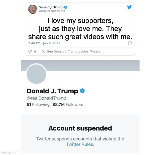 Trump Twitter Account Suspended | I love my supporters, just as they love me. They share such great videos with me. | image tagged in trump twitter account suspended | made w/ Imgflip meme maker