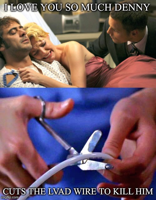 Cut the LVAD wire | I LOVE YOU SO MUCH DENNY; CUTS THE LVAD WIRE TO KILL HIM | image tagged in anatomy,the wire,love | made w/ Imgflip meme maker