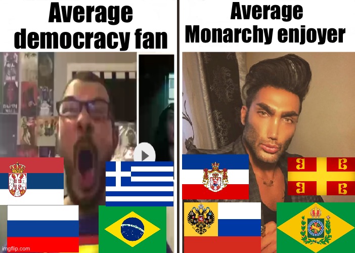 Monarchy is #1 | Average democracy fan; Average Monarchy enjoyer | image tagged in average fan vs average enjoyer,monarchy,democracy | made w/ Imgflip meme maker