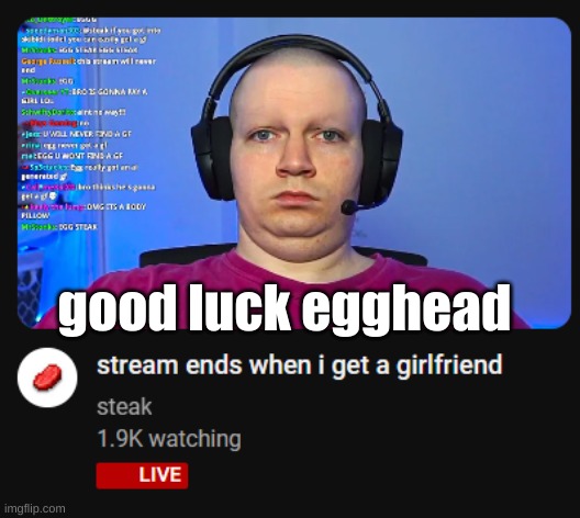 good luck egg man | good luck egghead | image tagged in stream ends when i get a girlfriend | made w/ Imgflip meme maker