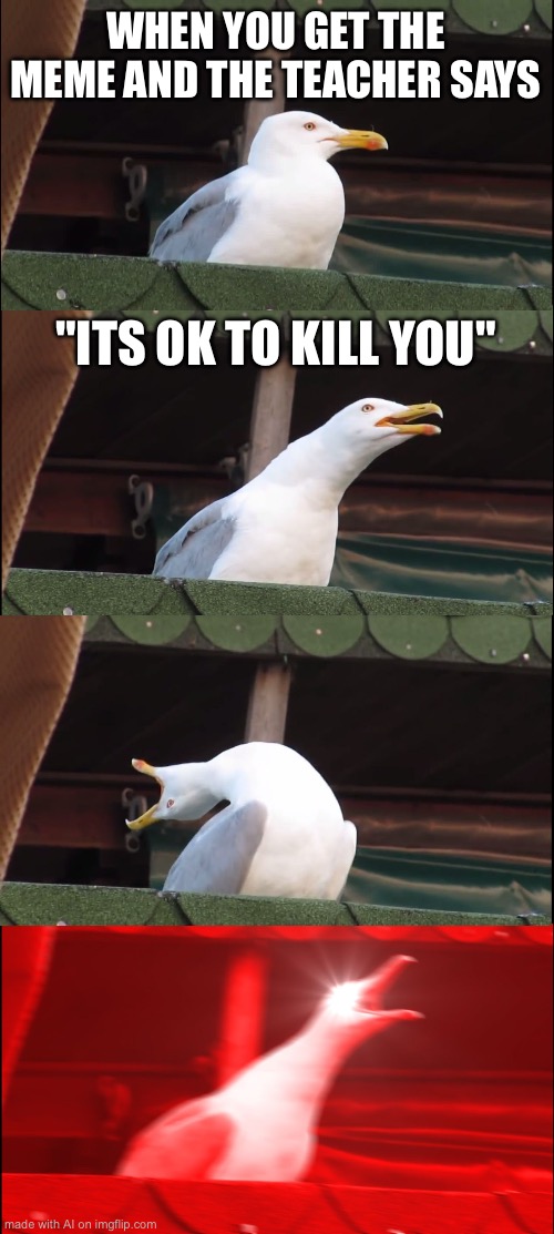 Inhaling Seagull | WHEN YOU GET THE MEME AND THE TEACHER SAYS; "ITS OK TO KILL YOU" | image tagged in memes,inhaling seagull | made w/ Imgflip meme maker