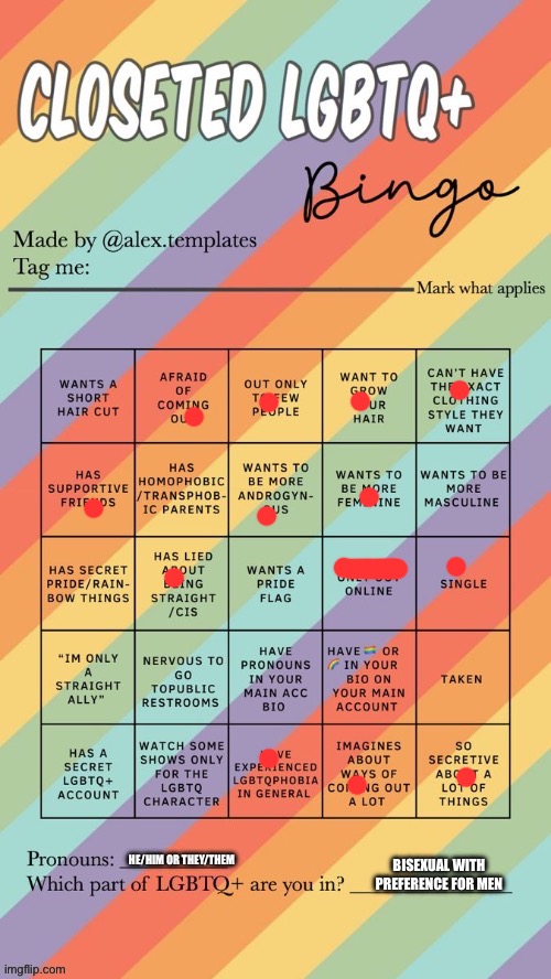 Closeted LGBTQ+ Bingo | HE/HIM OR THEY/THEM; BISEXUAL WITH PREFERENCE FOR MEN | image tagged in closeted lgbtq bingo | made w/ Imgflip meme maker