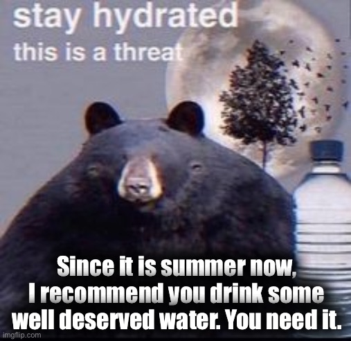 reminder: | Since it is summer now, I recommend you drink some well deserved water. You need it. | image tagged in reminder | made w/ Imgflip meme maker
