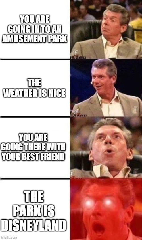 Amusement parks | YOU ARE GOING IN TO AN AMUSEMENT PARK; THE WEATHER IS NICE; YOU ARE GOING THERE WITH YOUR BEST FRIEND; THE PARK IS DISNEYLAND | image tagged in vince mcmahon reaction w/glowing eyes | made w/ Imgflip meme maker