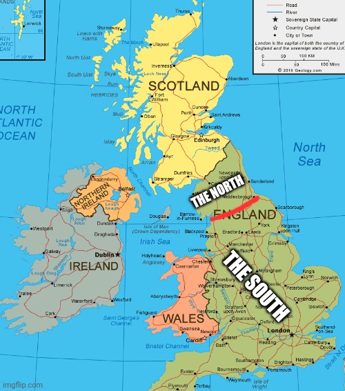 The True north/south divide | THE NORTH; THE SOUTH | image tagged in uk | made w/ Imgflip meme maker