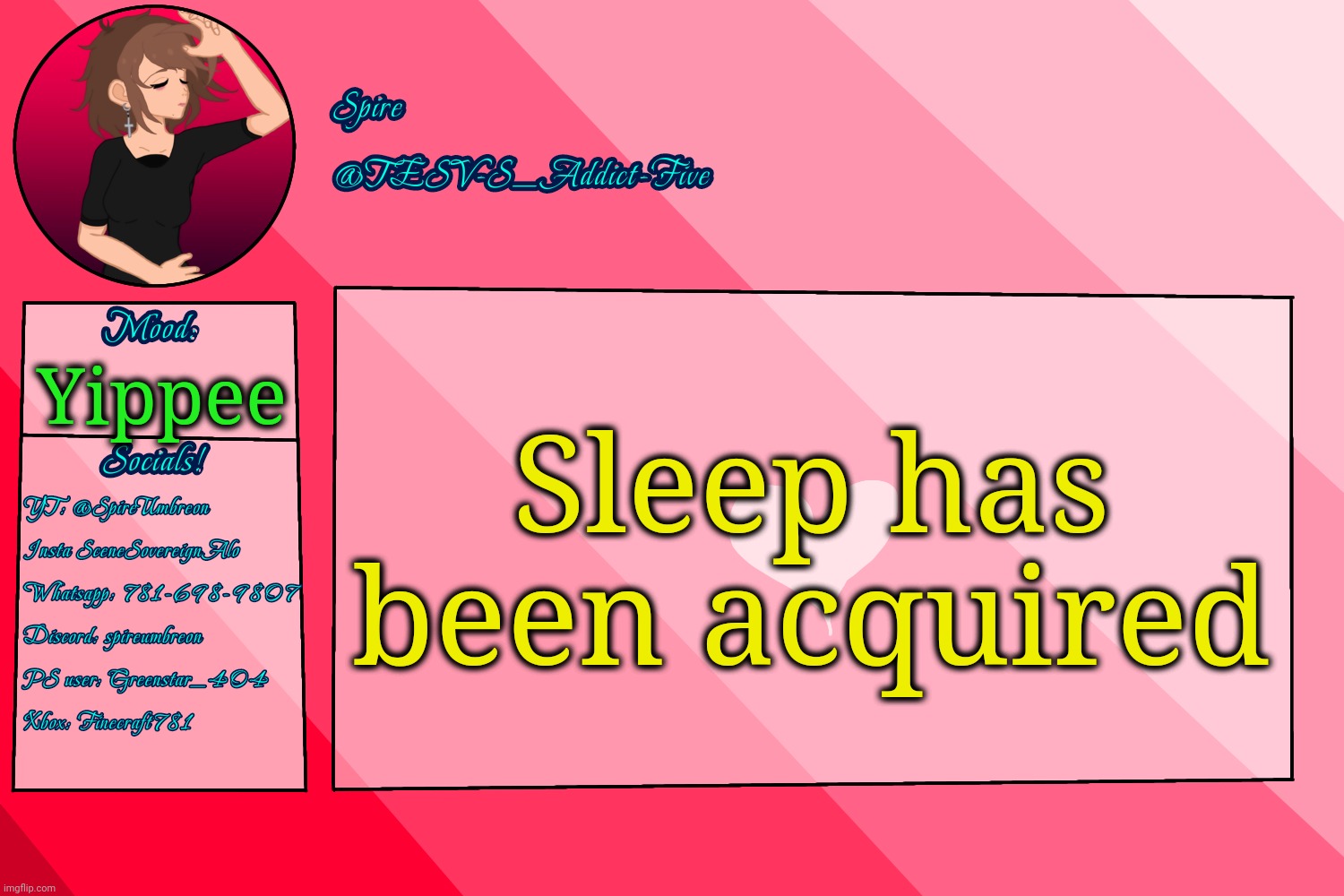 TESV-S_Addict-Five announcement template | Sleep has been acquired; Yippee | image tagged in tesv-s_addict-five announcement template | made w/ Imgflip meme maker
