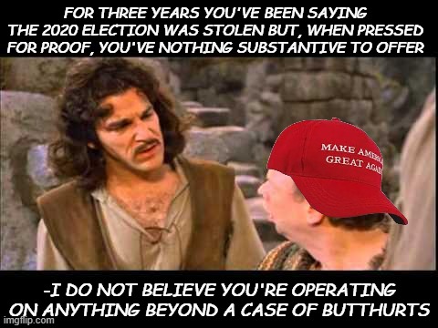 Inigo Montoya | FOR THREE YEARS YOU'VE BEEN SAYING THE 2020 ELECTION WAS STOLEN BUT, WHEN PRESSED FOR PROOF, YOU'VE NOTHING SUBSTANTIVE TO OFFER; -I DO NOT BELIEVE YOU'RE OPERATING ON ANYTHING BEYOND A CASE OF BUTTHURTS | image tagged in inigo montoya | made w/ Imgflip meme maker