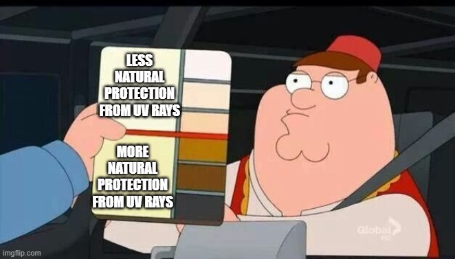 Peter Griffin skin color chart race terrorist blank | LESS NATURAL PROTECTION FROM UV RAYS; MORE NATURAL PROTECTION FROM UV RAYS | image tagged in peter griffin skin color chart race terrorist blank | made w/ Imgflip meme maker