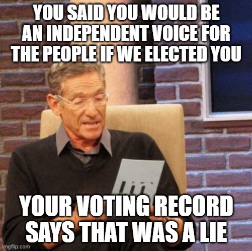 Maury Lie Detector | YOU SAID YOU WOULD BE AN INDEPENDENT VOICE FOR THE PEOPLE IF WE ELECTED YOU; YOUR VOTING RECORD SAYS THAT WAS A LIE | image tagged in memes,maury lie detector | made w/ Imgflip meme maker