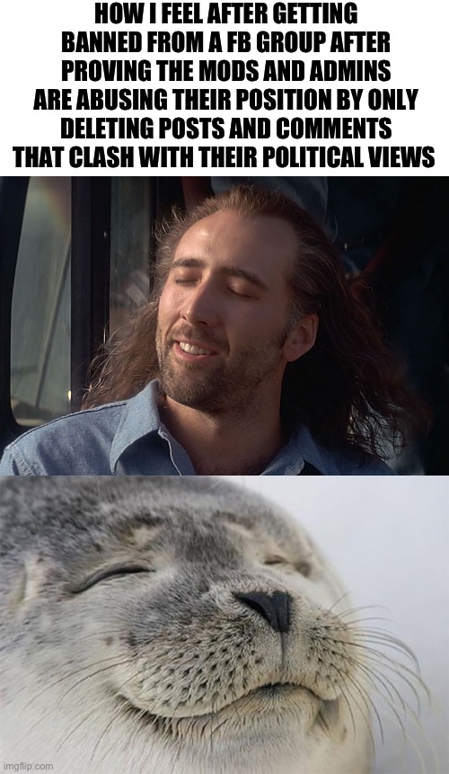 HOW I FEEL AFTER GETTING BANNED FROM A FB GROUP AFTER PROVING THE MODS AND ADMINS ARE ABUSING THEIR POSITION BY ONLY DELETING POSTS AND COMMENTS THAT CLASH WITH THEIR POLITICAL VIEWS | image tagged in nicholas cage wind in hair,memes,satisfied seal | made w/ Imgflip meme maker