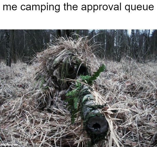 i got you fam | me camping the approval queue | image tagged in ghillie | made w/ Imgflip meme maker