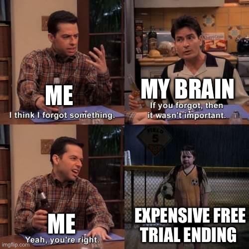 I actually almost forgot to end a free trial today | MY BRAIN; ME; EXPENSIVE FREE TRIAL ENDING; ME | image tagged in i think i forgot something | made w/ Imgflip meme maker