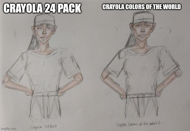 Which one looks better? | CRAYOLA COLORS OF THE WORLD; CRAYOLA 24 PACK | image tagged in colored pencils,drawings,girl,crayola,colors of the world | made w/ Imgflip meme maker