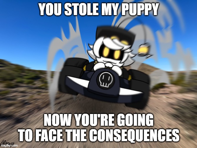 NO | YOU STOLE MY PUPPY; NOW YOU'RE GOING TO FACE THE CONSEQUENCES | image tagged in n driving a car at you | made w/ Imgflip meme maker