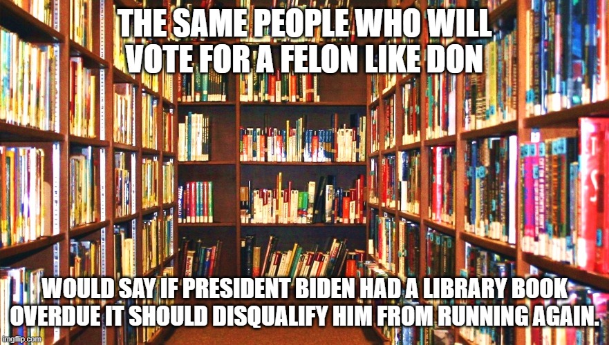 Library | THE SAME PEOPLE WHO WILL VOTE FOR A FELON LIKE DON; WOULD SAY IF PRESIDENT BIDEN HAD A LIBRARY BOOK OVERDUE IT SHOULD DISQUALIFY HIM FROM RUNNING AGAIN. | image tagged in library | made w/ Imgflip meme maker