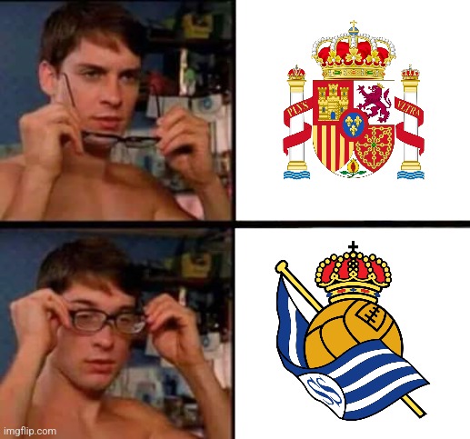 Spain selected 5 Real Sociedad players more than Barca(4) and Madrid(3): Remiro, Le Normand, Merino, Zubeldia & Oyarzabal | image tagged in peter parker's glasses,spain,real sociedad,euro 2024 | made w/ Imgflip meme maker
