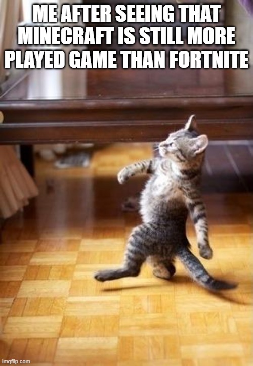 Cool Cat Stroll Meme | ME AFTER SEEING THAT MINECRAFT IS STILL MORE PLAYED GAME THAN FORTNITE | image tagged in memes,cool cat stroll | made w/ Imgflip meme maker