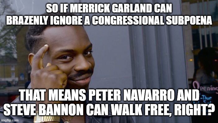 Roll Safe Think About It Meme | SO IF MERRICK GARLAND CAN BRAZENLY IGNORE A CONGRESSIONAL SUBPOENA; THAT MEANS PETER NAVARRO AND STEVE BANNON CAN WALK FREE, RIGHT? | image tagged in memes,roll safe think about it | made w/ Imgflip meme maker