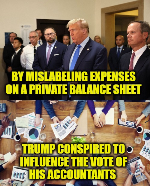 TDS must be a bitch! | BY MISLABELING EXPENSES
ON A PRIVATE BALANCE SHEET; TRUMP CONSPIRED TO
INFLUENCE THE VOTE OF
HIS ACCOUNTANTS | image tagged in donald trump | made w/ Imgflip meme maker
