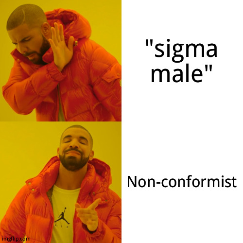 I still like phonk though | "sigma male"; Non-conformist | image tagged in memes,drake hotline bling,sigma male,metal pipe,please upvote,or  dont idk | made w/ Imgflip meme maker