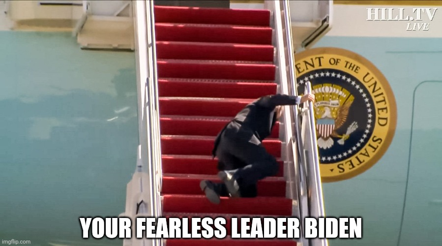 Biden Falls Down Stairs | YOUR FEARLESS LEADER BIDEN | image tagged in biden falls down stairs | made w/ Imgflip meme maker