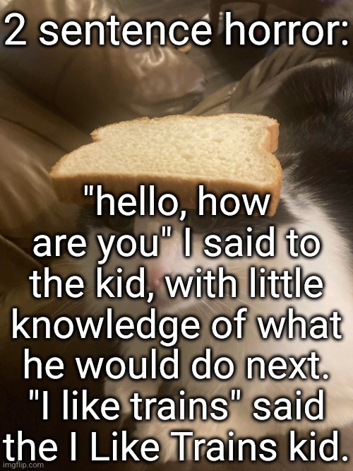 I like trains | 2 sentence horror:; "hello, how are you" I said to the kid, with little knowledge of what he would do next. "I like trains" said the I Like Trains kid. | image tagged in bread cat | made w/ Imgflip meme maker