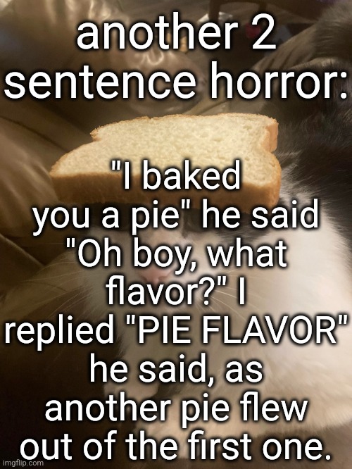 bread cat | "I baked you a pie" he said "Oh boy, what flavor?" I replied "PIE FLAVOR" he said, as another pie flew out of the first one. another 2 sentence horror: | image tagged in bread cat | made w/ Imgflip meme maker
