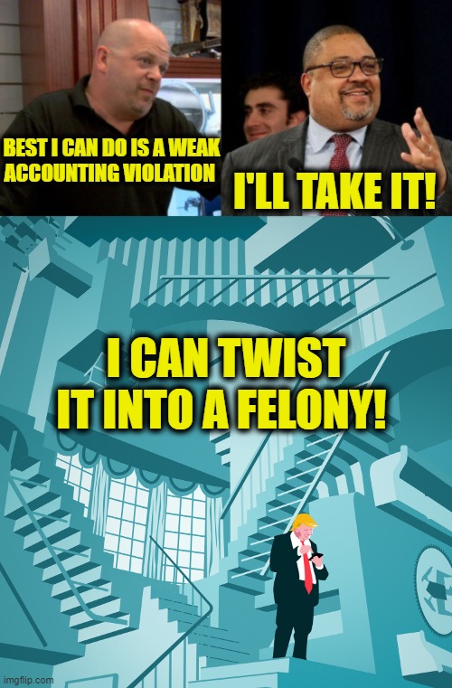 More Leftist Logic | BEST I CAN DO IS A WEAK
ACCOUNTING VIOLATION; I'LL TAKE IT! I CAN TWIST IT INTO A FELONY! | image tagged in donald trump | made w/ Imgflip meme maker