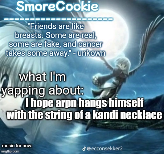 tweaks nightcore ass template | I hope arpn hangs himself with the string of a kandi necklace | image tagged in tweaks nightcore ass template | made w/ Imgflip meme maker