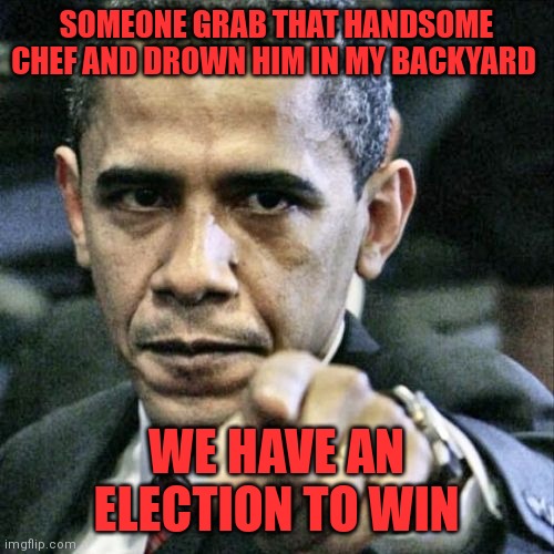 Obama's zesty past is becoming hard to hide | SOMEONE GRAB THAT HANDSOME CHEF AND DROWN HIM IN MY BACKYARD; WE HAVE AN ELECTION TO WIN | image tagged in memes,pissed off obama,angry chef | made w/ Imgflip meme maker