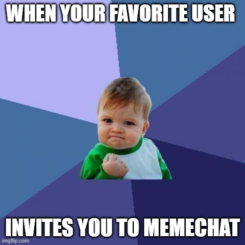 thanks caleb | WHEN YOUR FAVORITE USER; INVITES YOU TO MEMECHAT | image tagged in memes,success kid | made w/ Imgflip meme maker